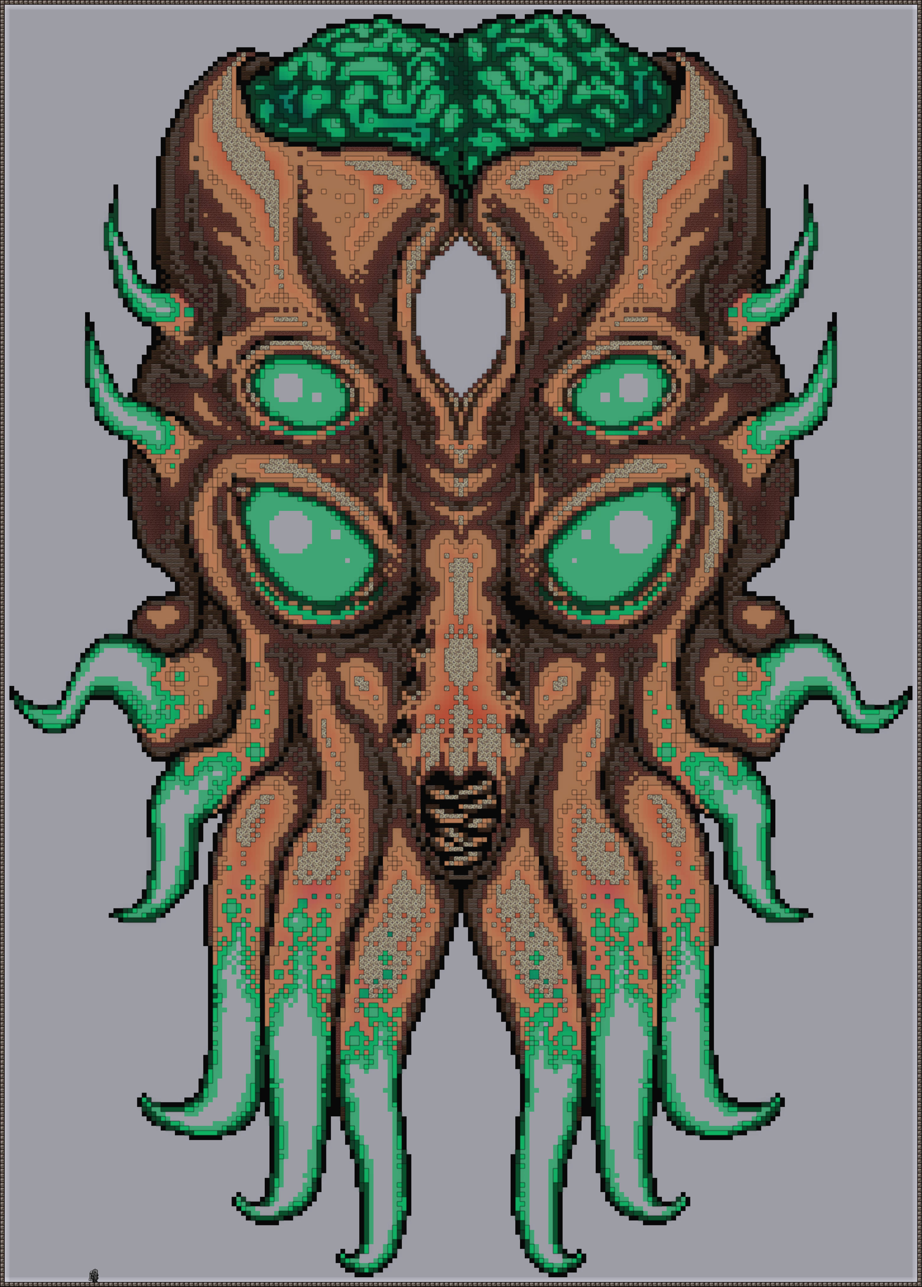 Terraria Moon Lord, tentacles, glowing green eyes, 4K Phone Wallpaper