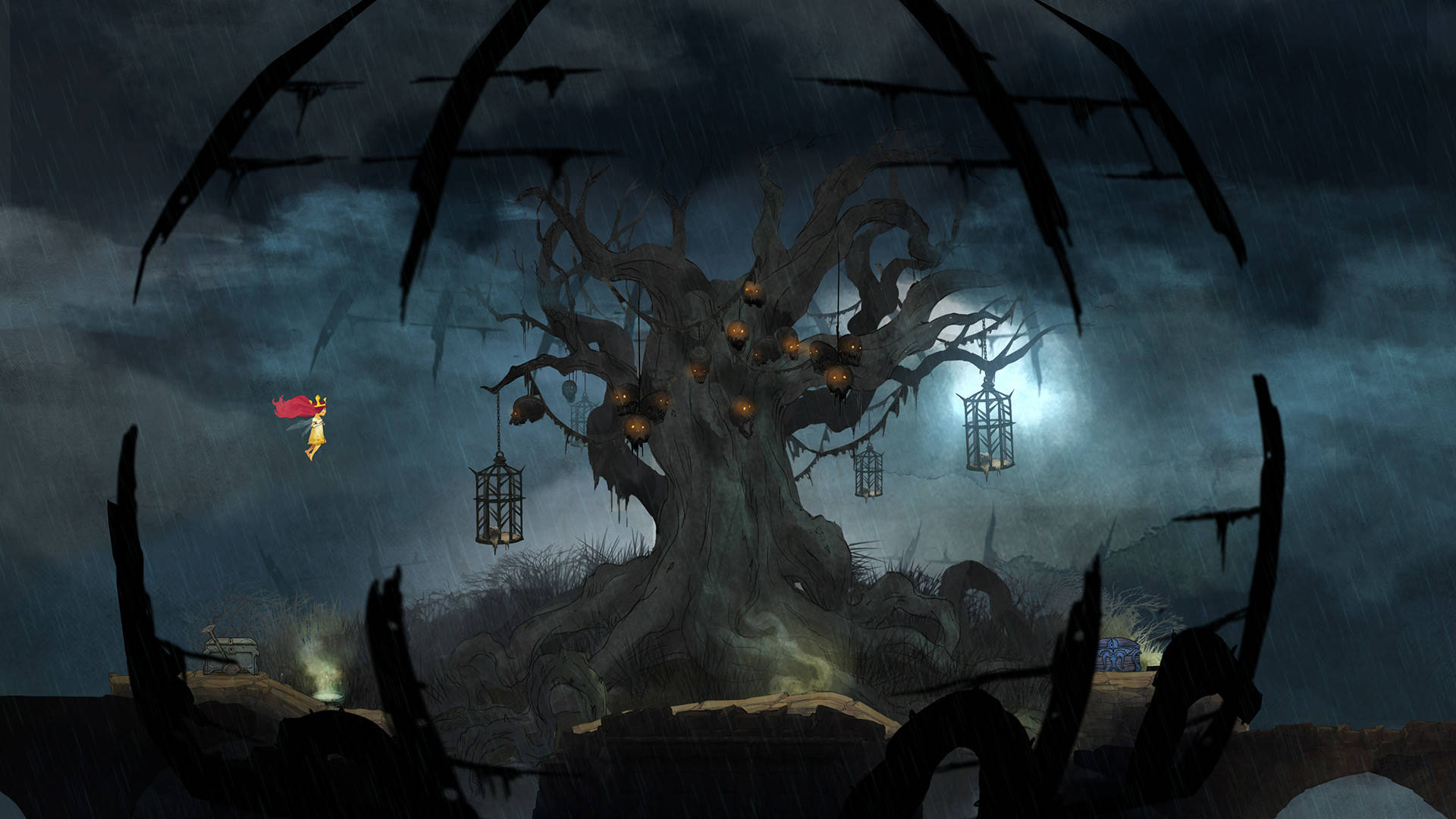 Terraria Moon Lord, colossal gnarled tree, glowing lanterns, Full HD Desktop Wallpaper