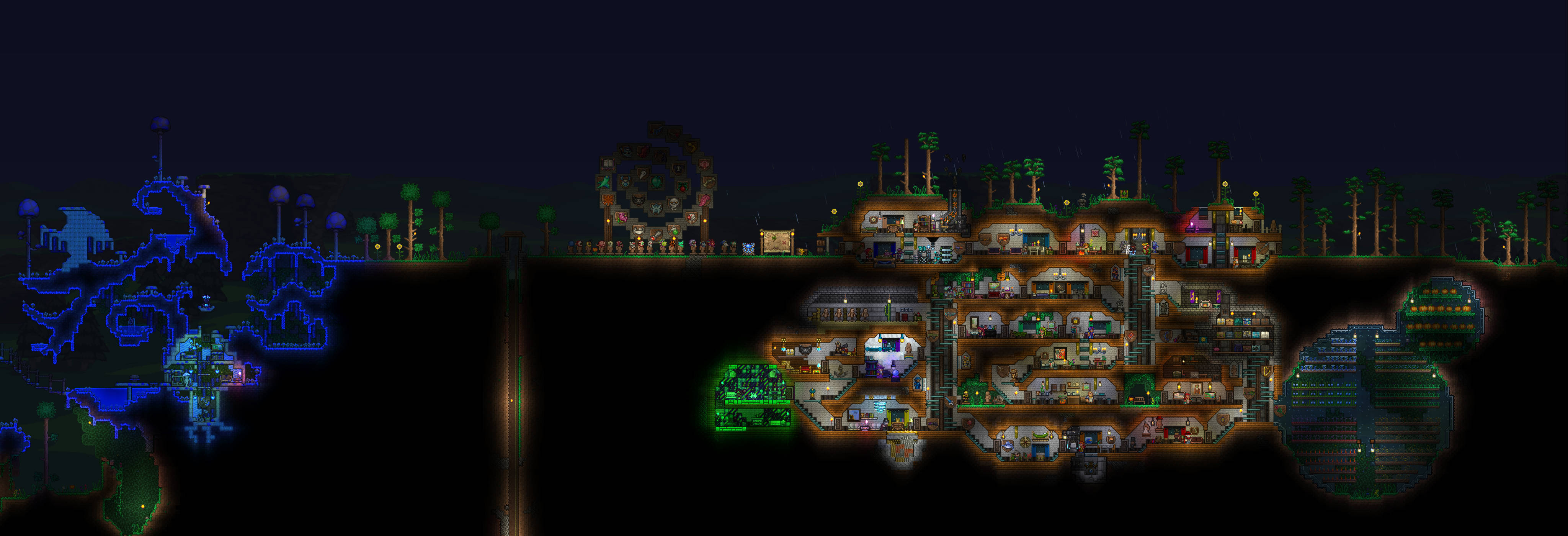 Terraria Moon Lord, pixel-art base, glowing lights, 4K Desktop Wallpaper