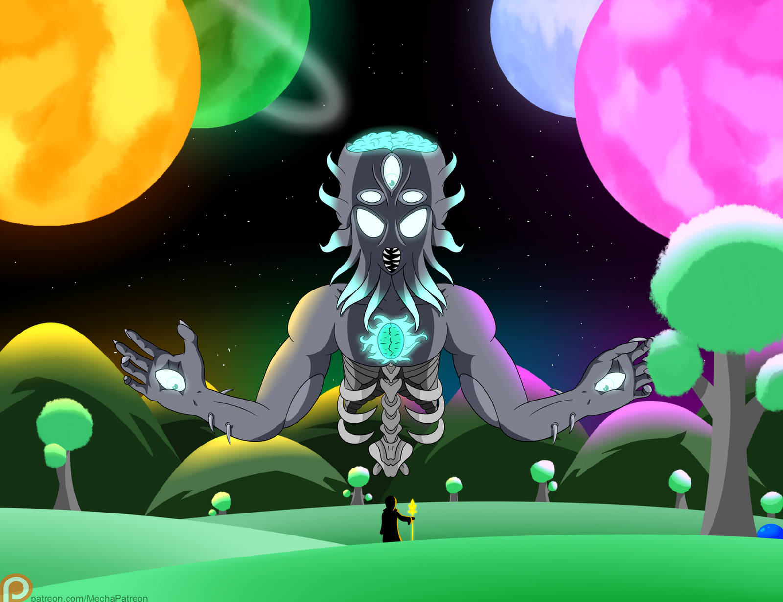Terraria Moon Lord, skeletal alien, glowing eyes, HD Desktop Wallpaper