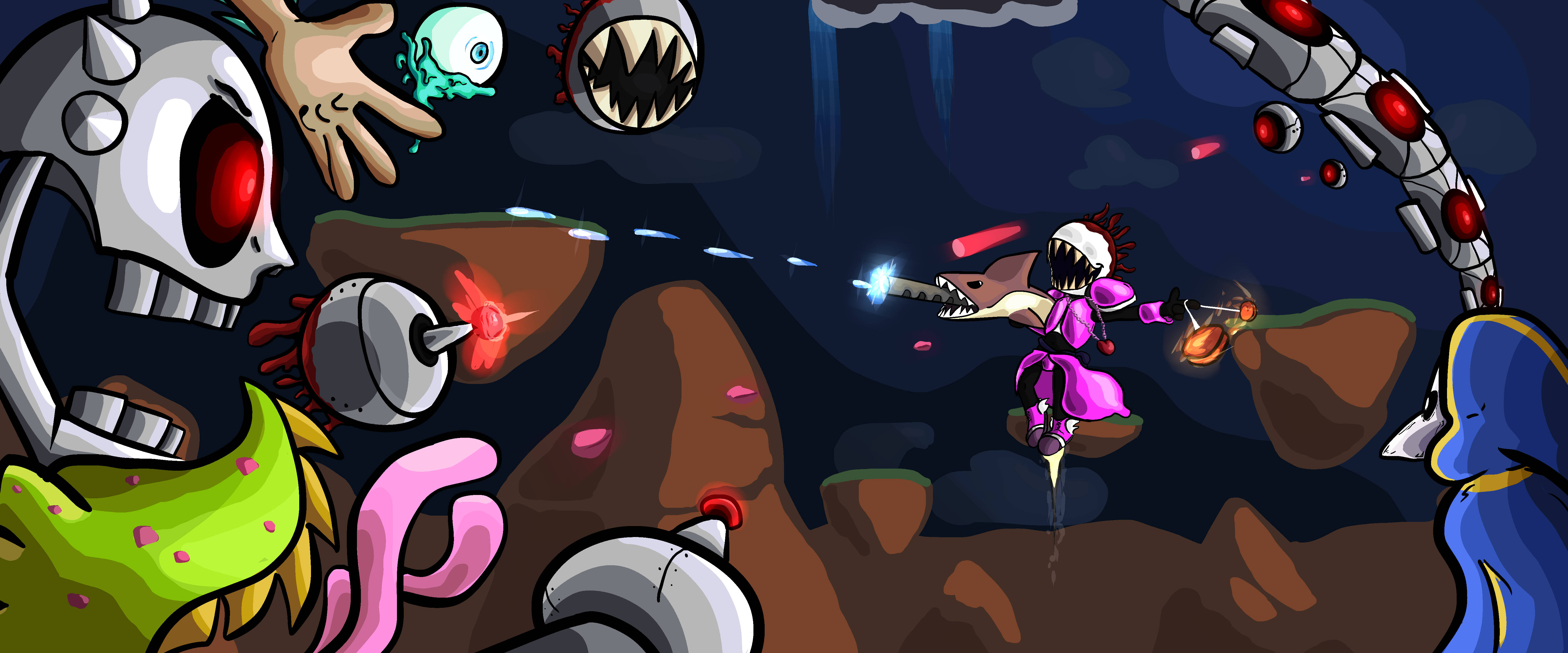 Terraria Moon Lord, purple-clad warrior, energy blasts, 5K Desktop Wallpaper