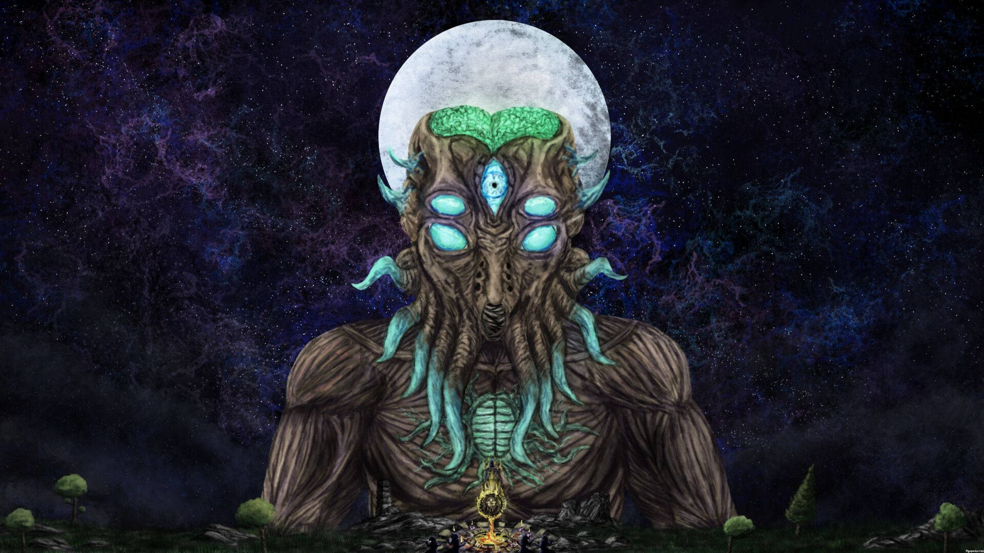 Terraria Moon Lord, glowing blue eyes, tentacles, Full HD Desktop Wallpaper