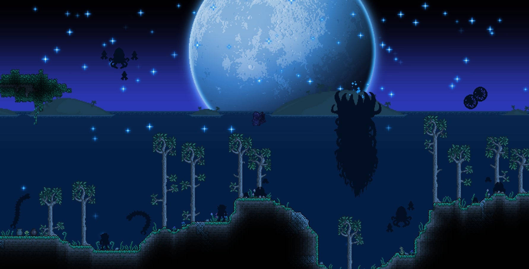 Terraria Moon Lord, blue moon, glowing stars, HD Desktop Wallpaper