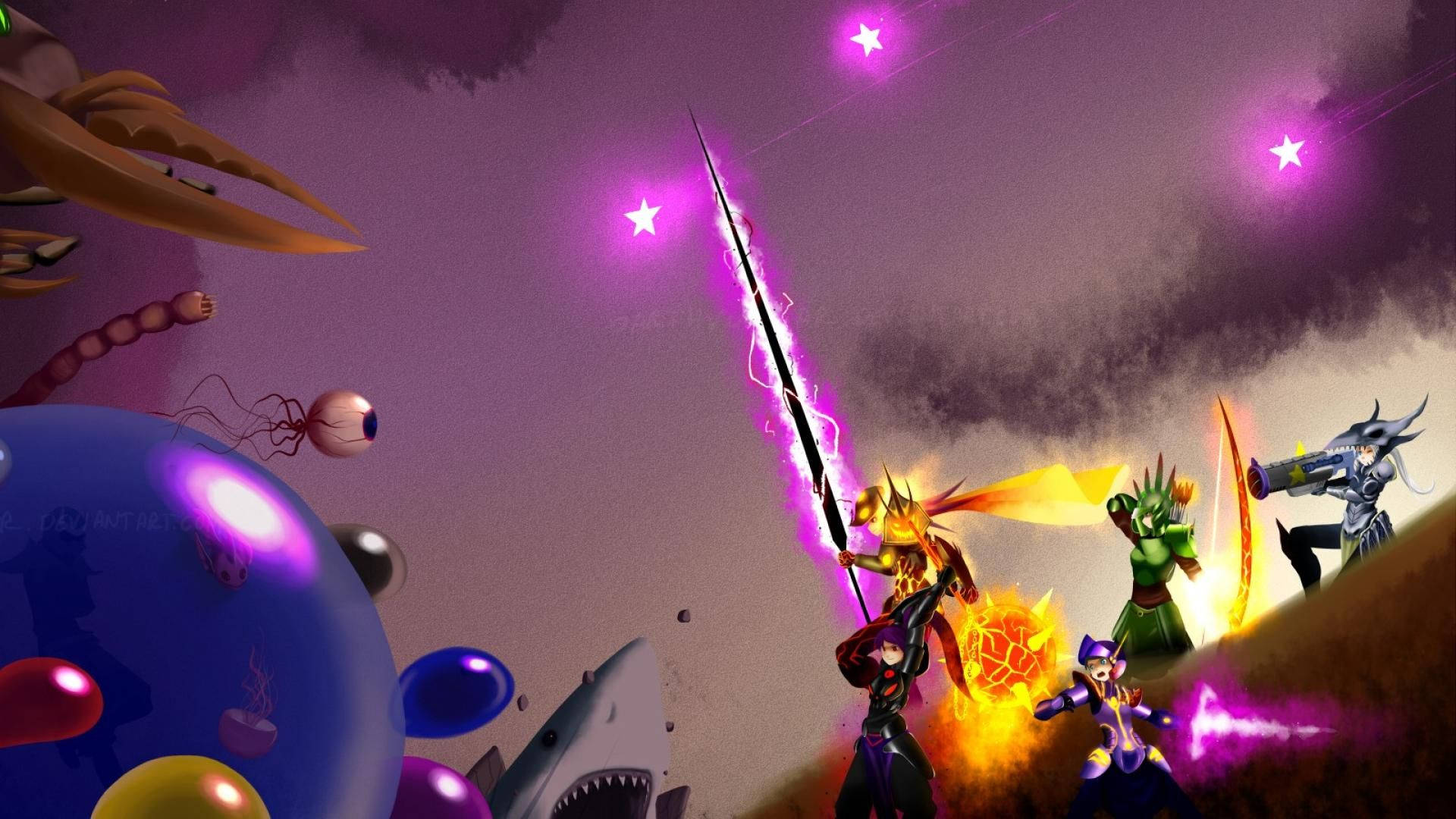 Terraria Moon Lord, starry purple sky, glowing attacks, Full HD Desktop Wallpaper