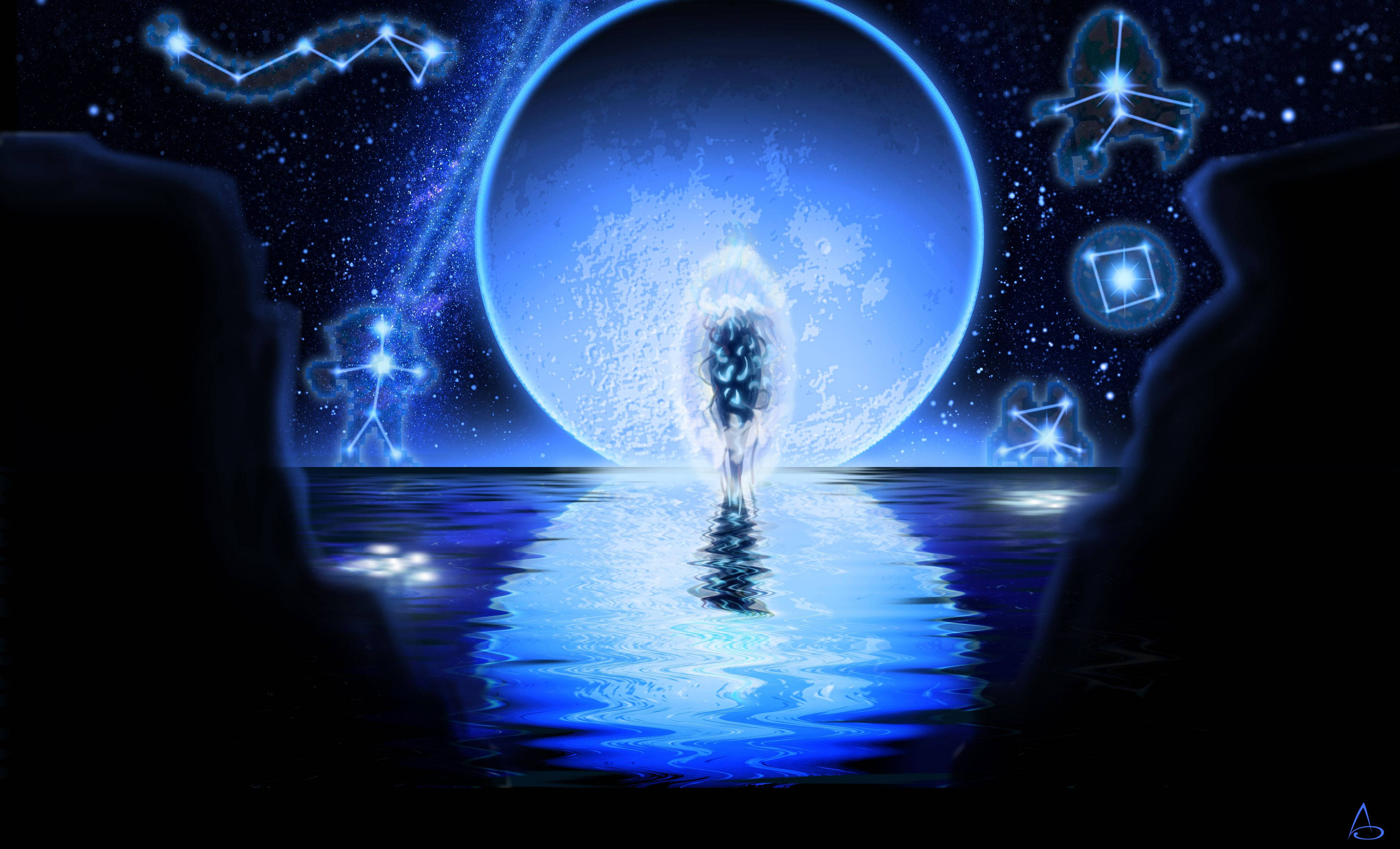 Terraria Moon Lord, blue moon, glowing figure, 4K Desktop Wallpaper