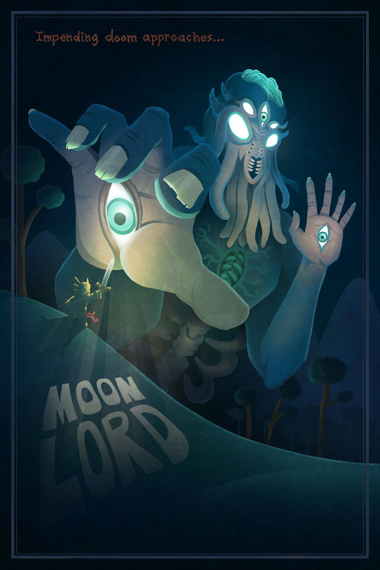 Terraria Moon Lord, blue moon lord, glowing eyes, Full HD Phone Wallpaper