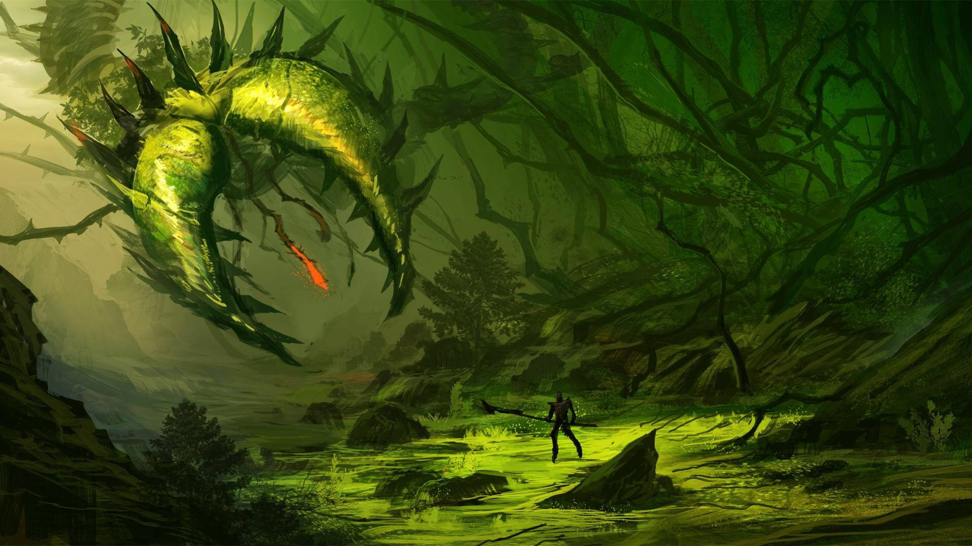 Terraria Moon Lord, green forest, swampy forest, Full HD Desktop Wallpaper