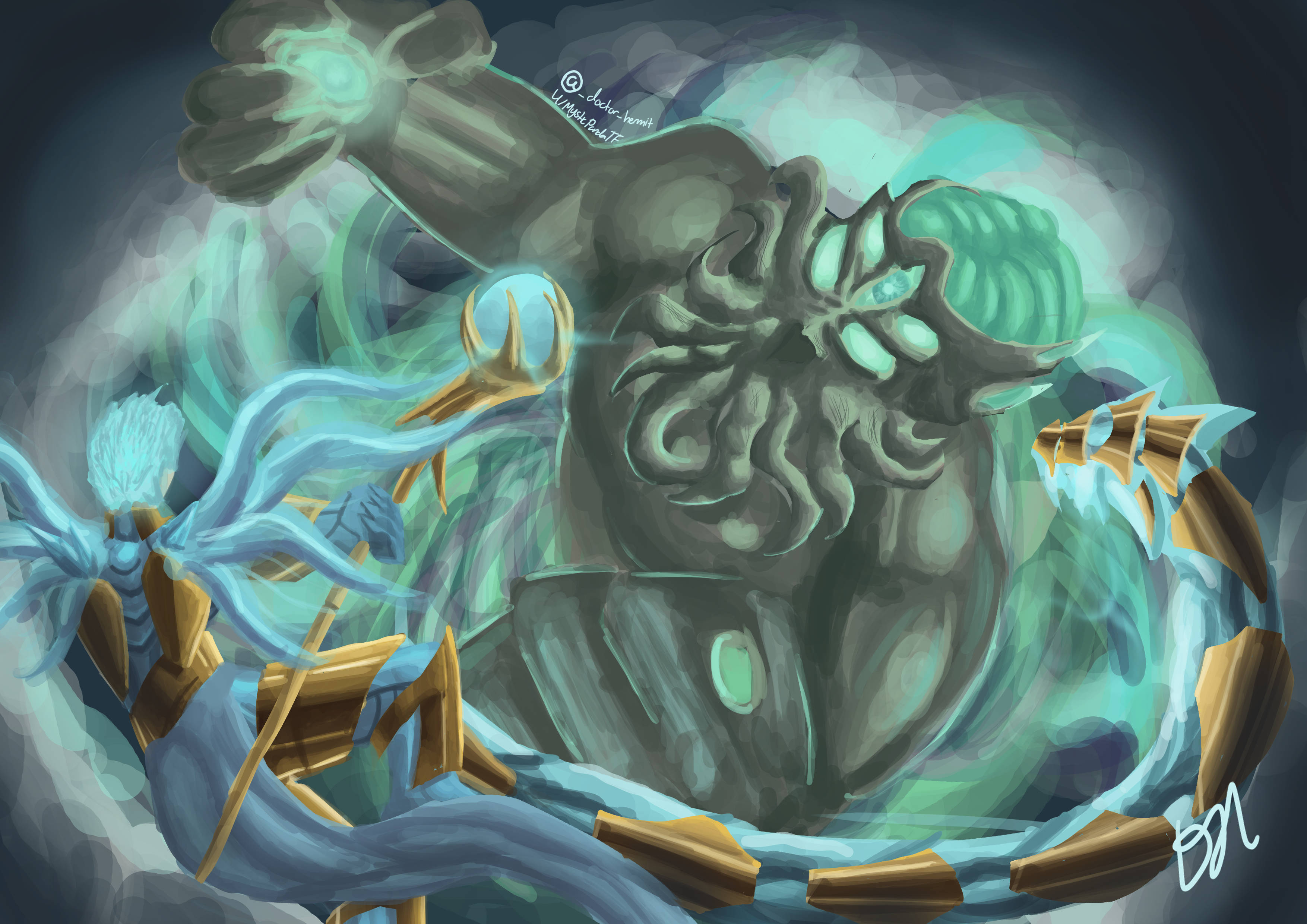 Terraria Moon Lord, glowing teal eyes, tentacles, 2K Desktop Wallpaper