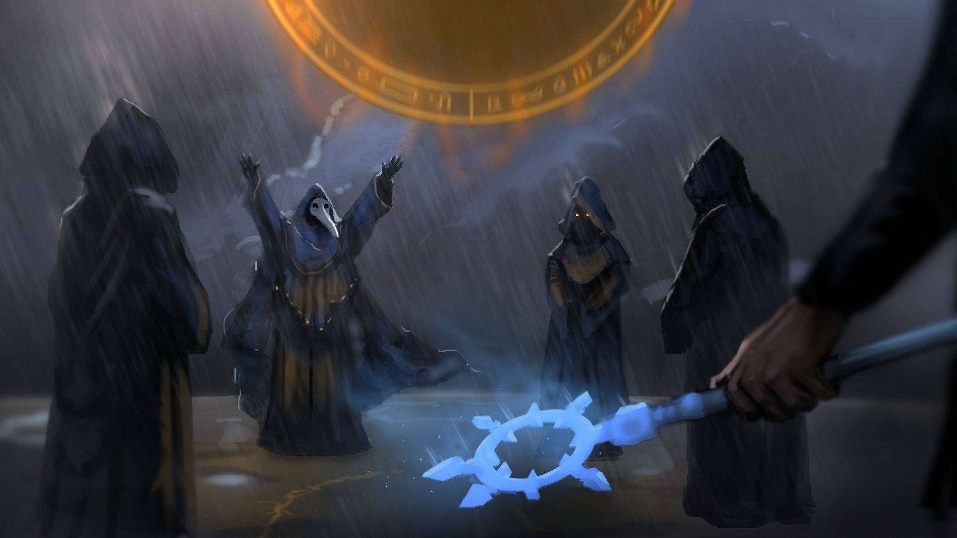 Terraria Moon Lord, hooded figure, glowing golden circle, Full HD Desktop Wallpaper