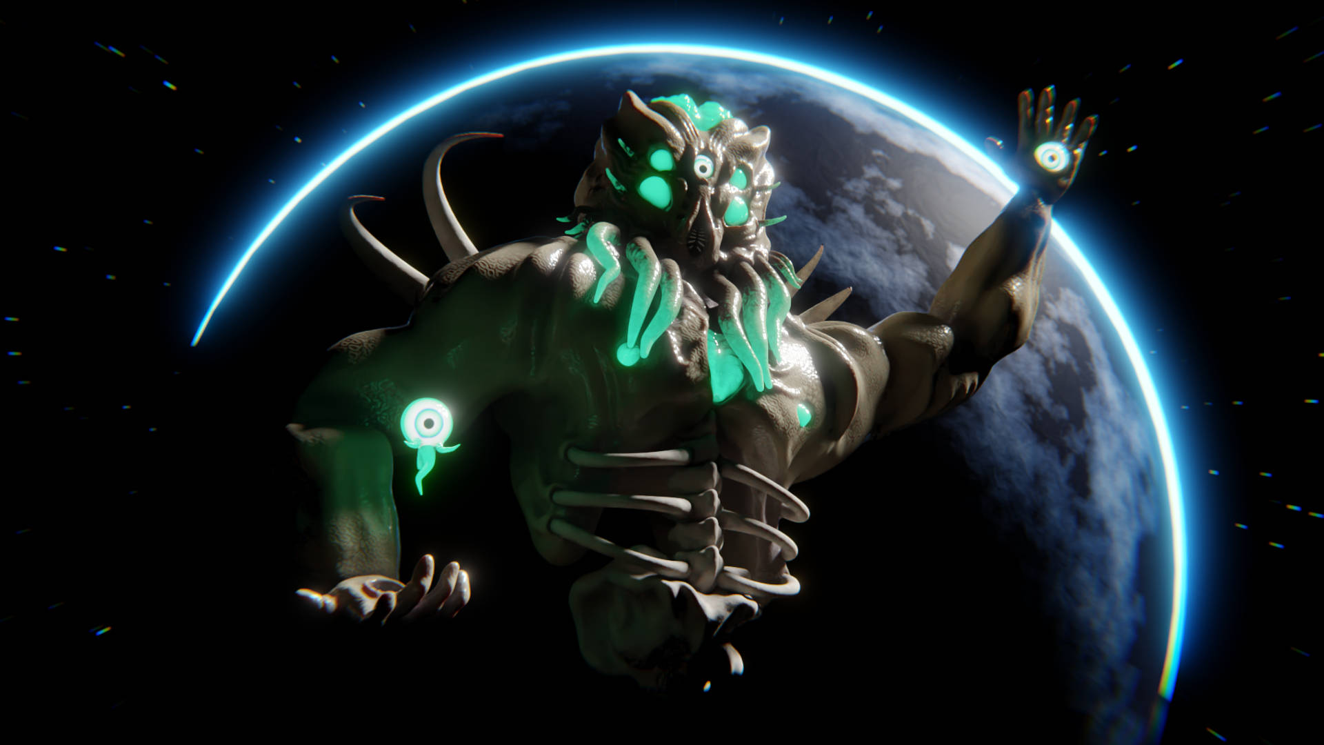 Terraria Moon Lord, glowing green alien creature, multiple eyes, Full HD Desktop Wallpaper