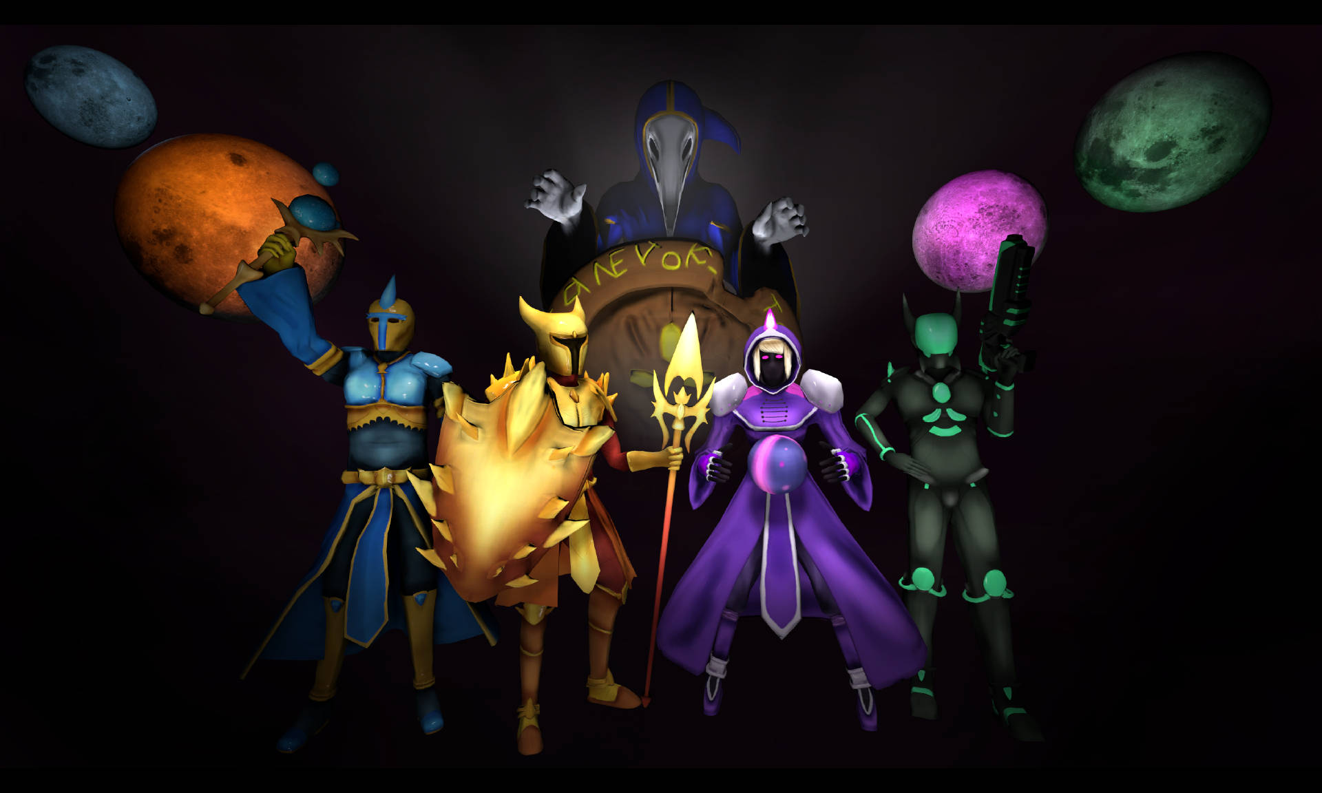 Terraria Moon Lord, five stylized fantasy characters, dark cosmic backdrop, Full HD Desktop Wallpaper