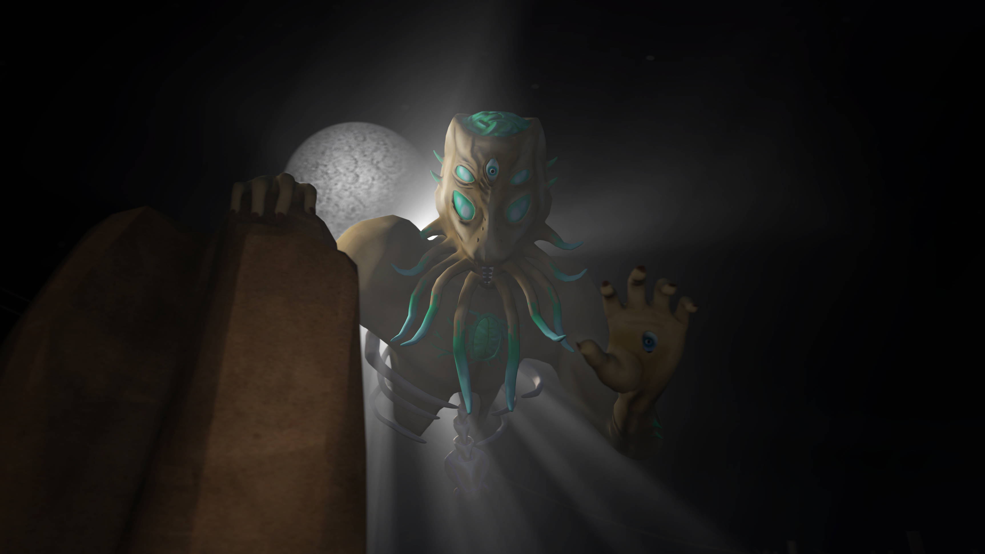 Terraria Moon Lord, teal eyes, tentacles, 2K Desktop Wallpaper