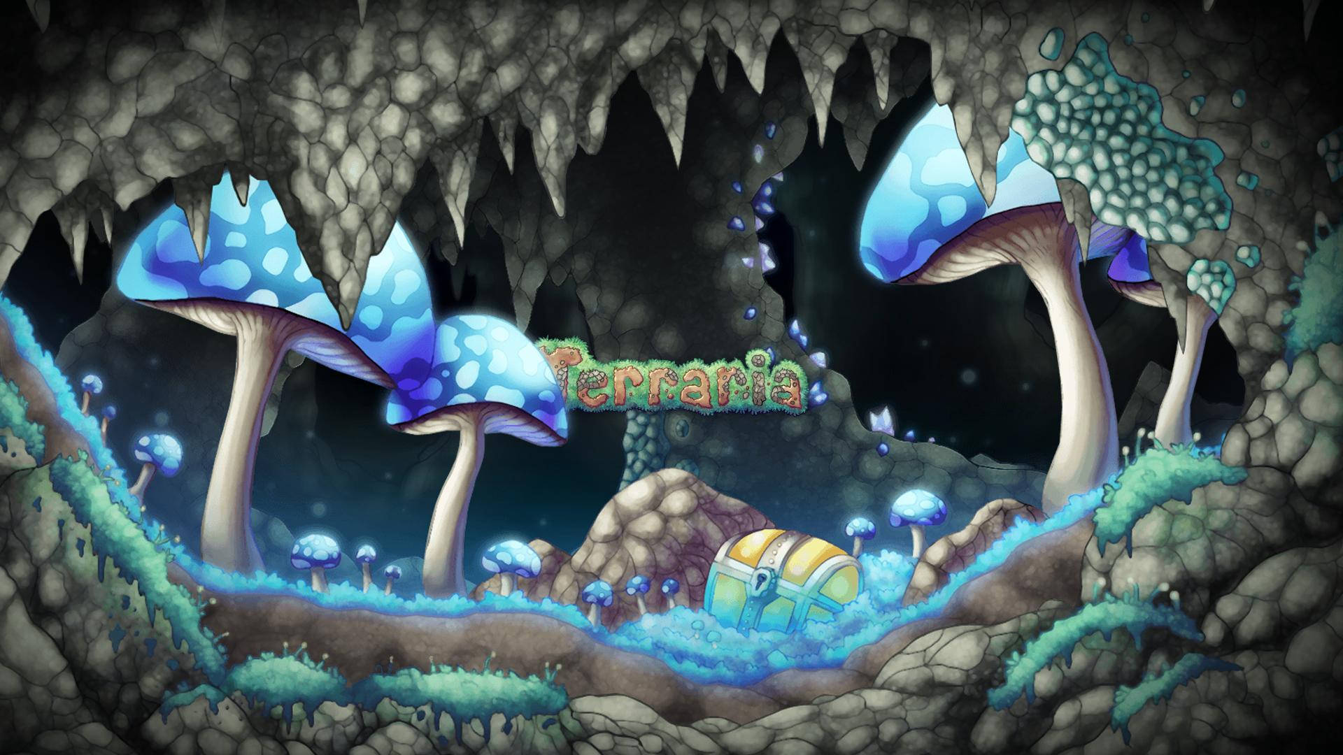 Terraria, glowing blue mushroom, dark cave, Full HD Desktop Wallpaper