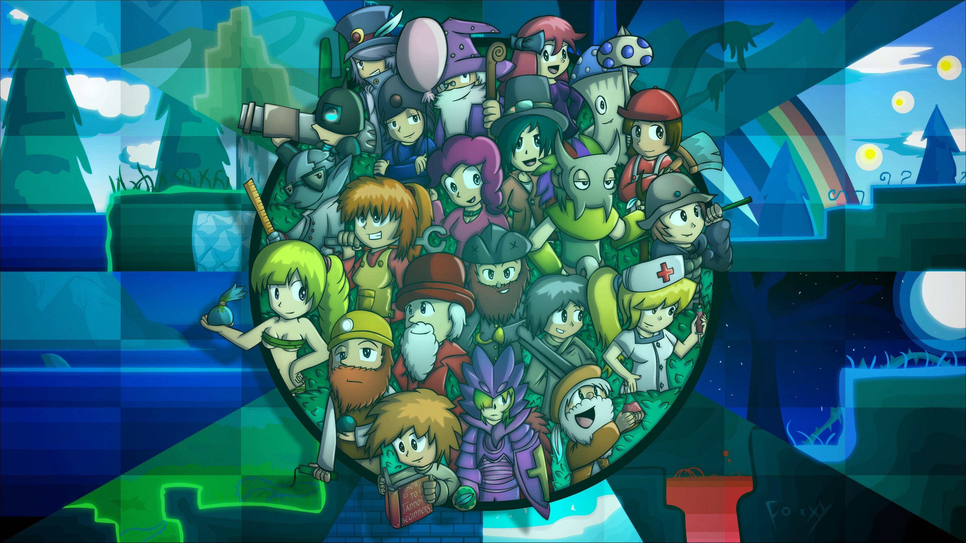 Terraria, anime characters, fantastical landscape, 4K Desktop Wallpaper