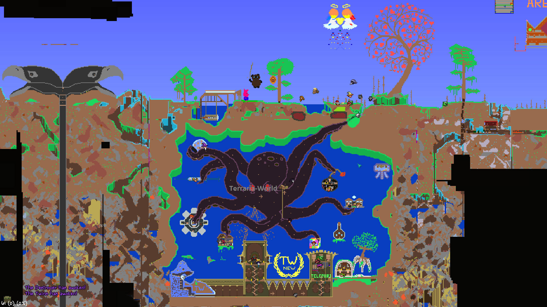 Terraria, underground octopus, central lake, Full HD Desktop Wallpaper