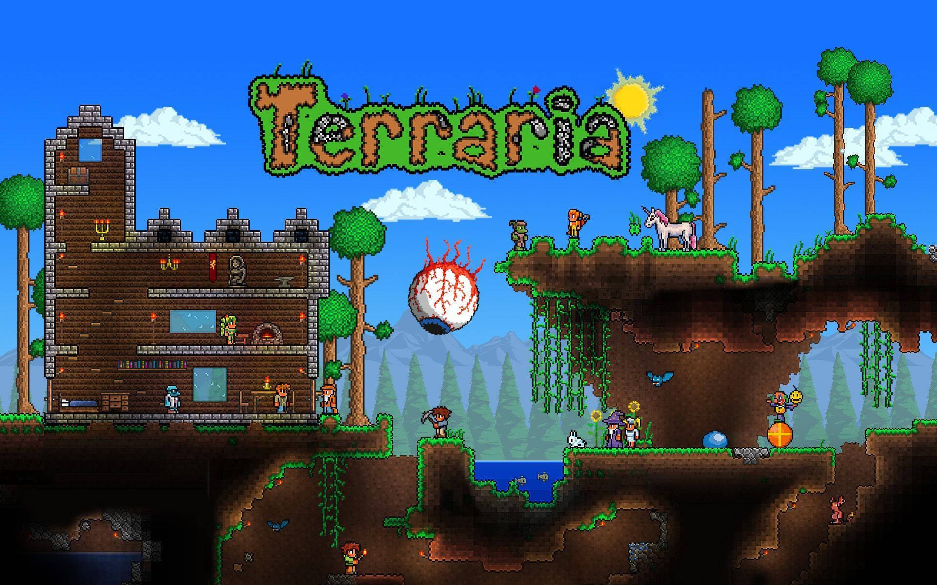 Terraria, forest surface world, castle trees, Full HD Desktop Wallpaper