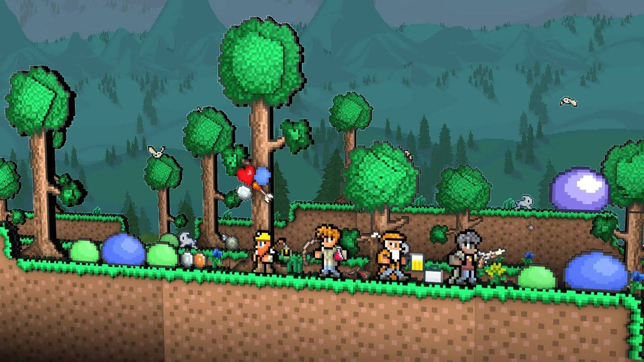 Terraria, forest mountains biome, pixel-art adventurers, HD Desktop Wallpaper