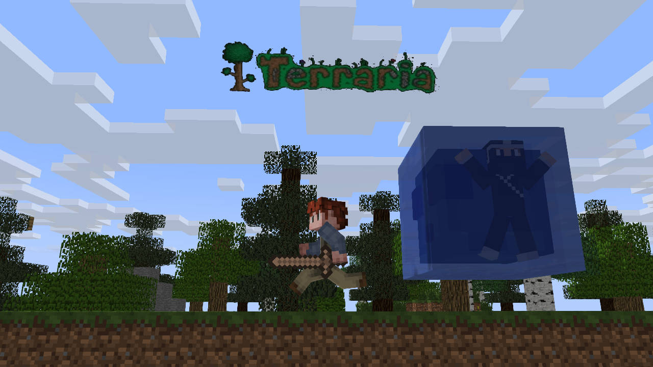 Terraria, pixelated Terraria character, sword, HD Desktop Wallpaper