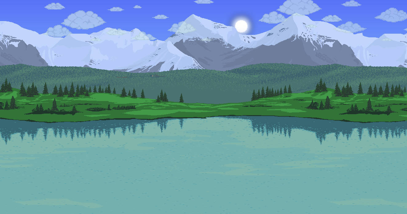 Terraria, lake, snowy mountains, HD Desktop Wallpaper