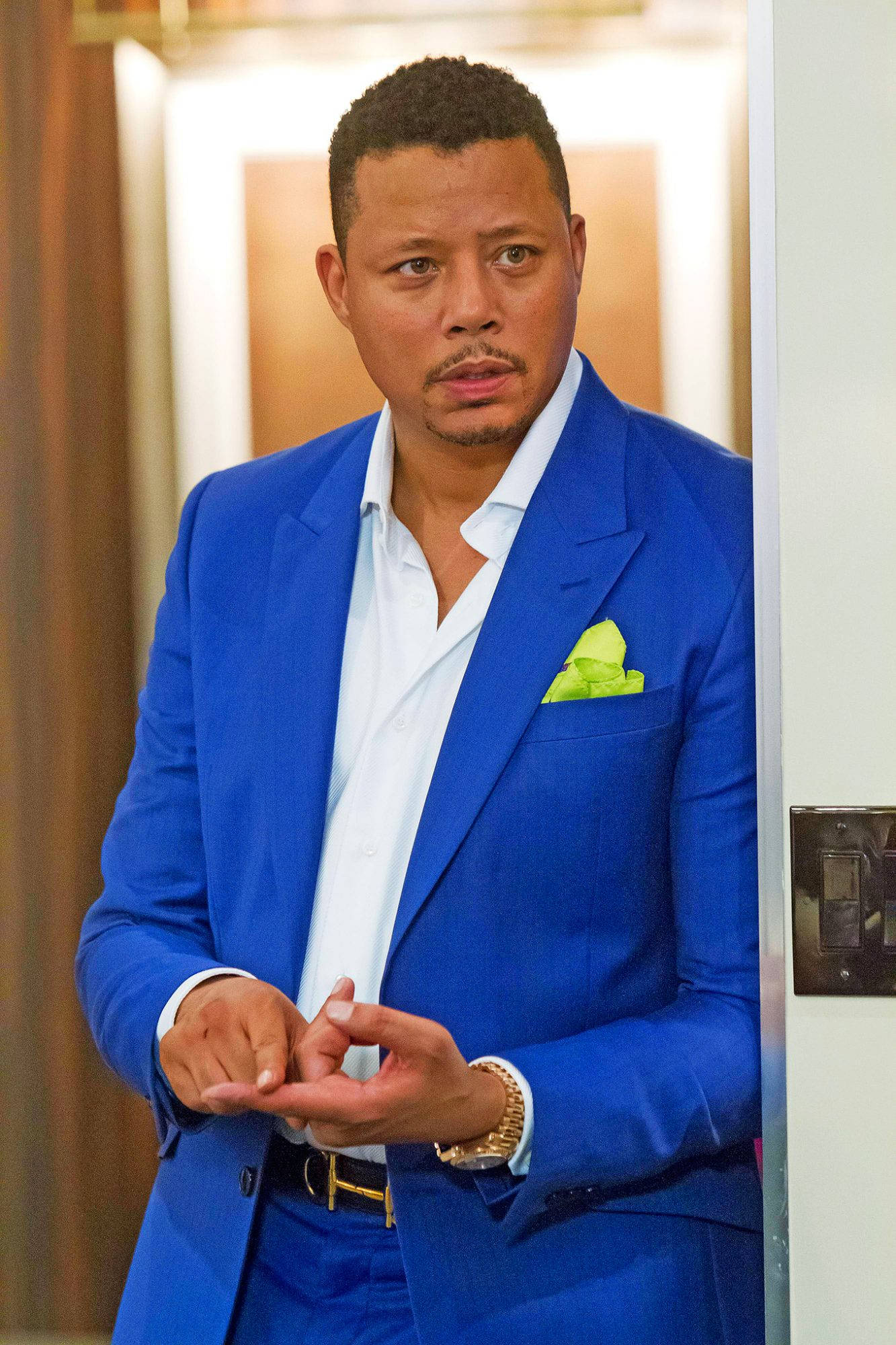 Terrence Howard, bold blue suit, lime green pocket square, Full HD Phone Wallpaper
