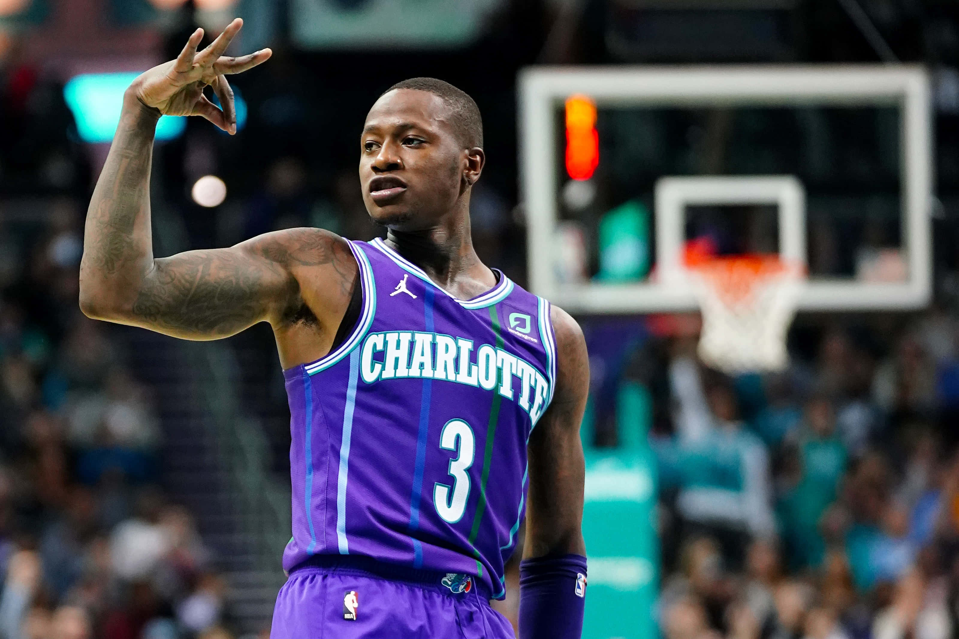 Terry Rozier, purple Charlotte jersey, arena lights, 2K Desktop Wallpaper