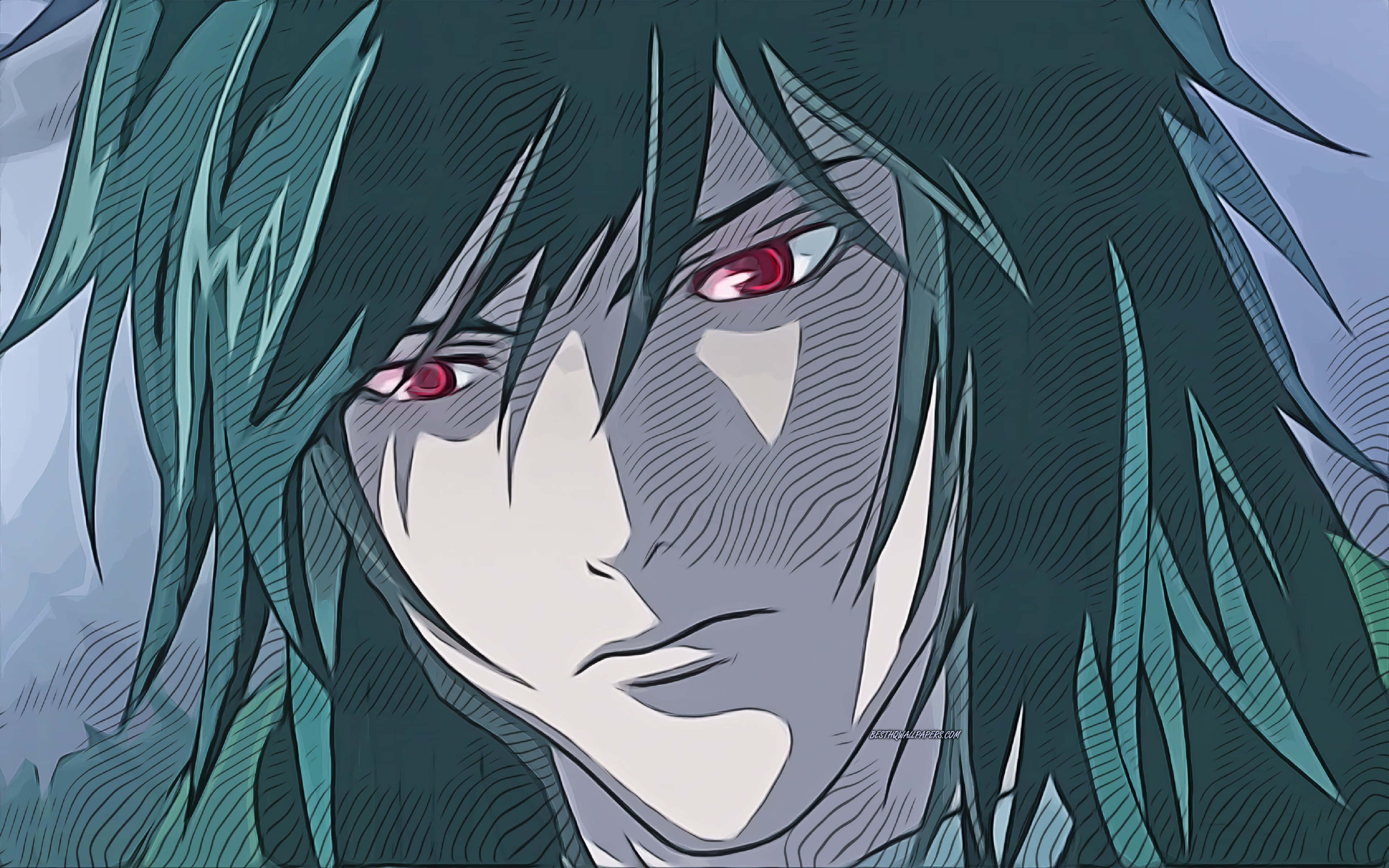 Teru Mikami, teal hair, glowing red eyes, 4K Desktop Wallpaper