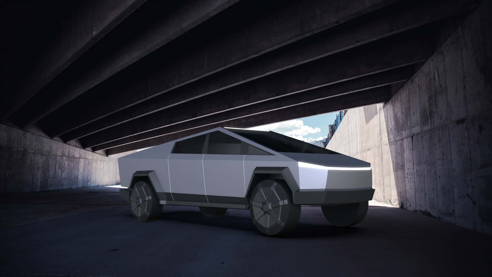 Tesla Cybertruck, silver, concrete overpass, Full HD Desktop Wallpaper