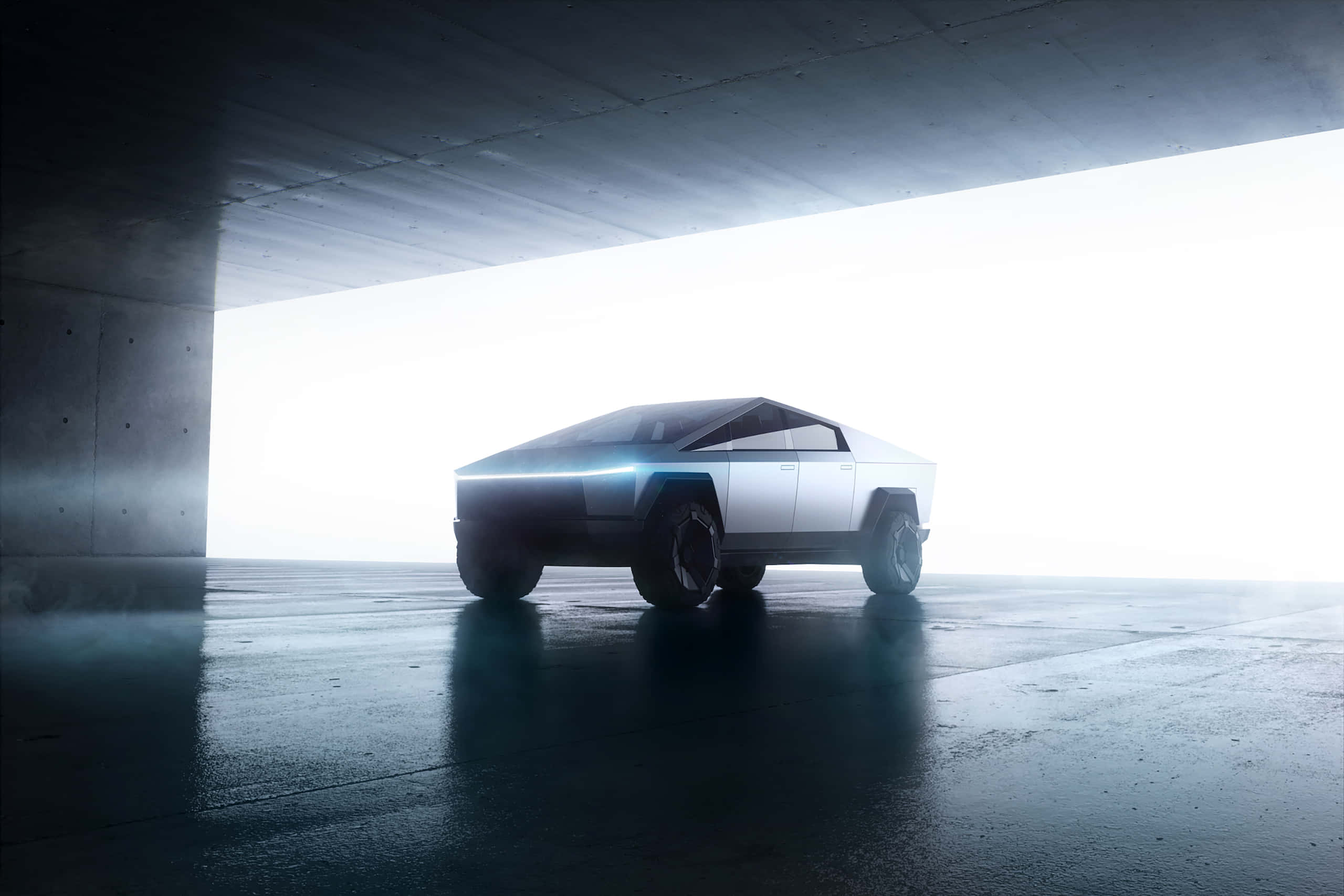Tesla Cybertruck, silver, concrete overpass, 2K Desktop Wallpaper