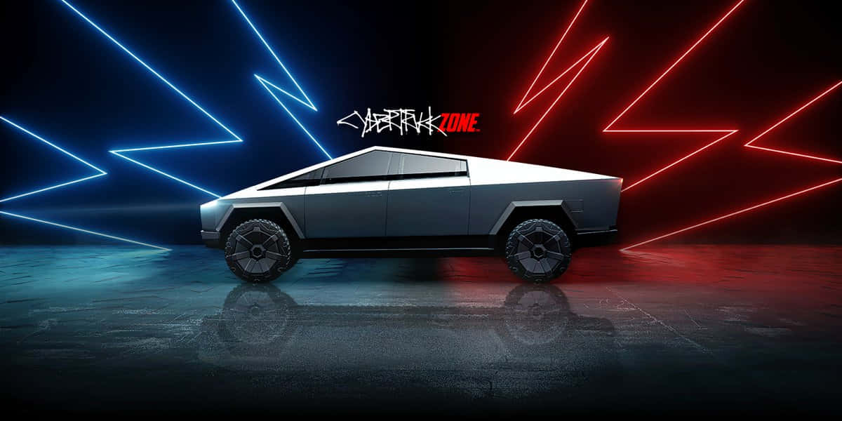 Tesla Cybertruck, silver, neon lightning bolts, SD Desktop Wallpaper