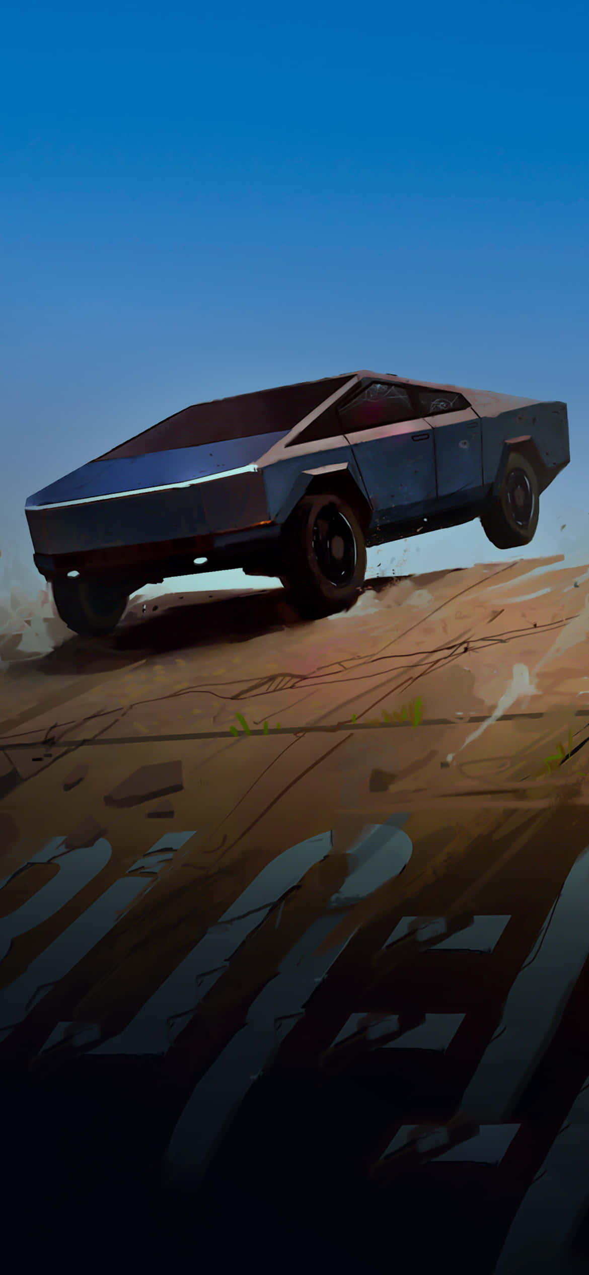 Tesla Cybertruck, futuristic blue, cracked desert road, Full HD Phone Wallpaper