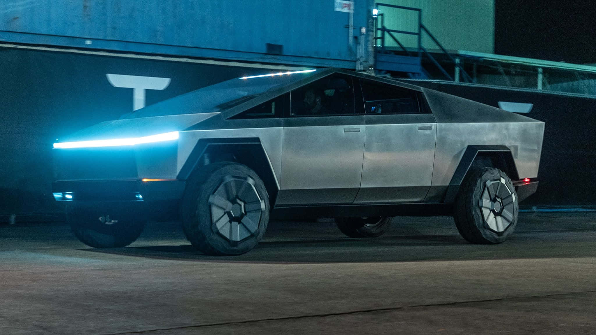 Tesla Cybertruck, silver, neon blue headlights, Full HD Desktop Wallpaper