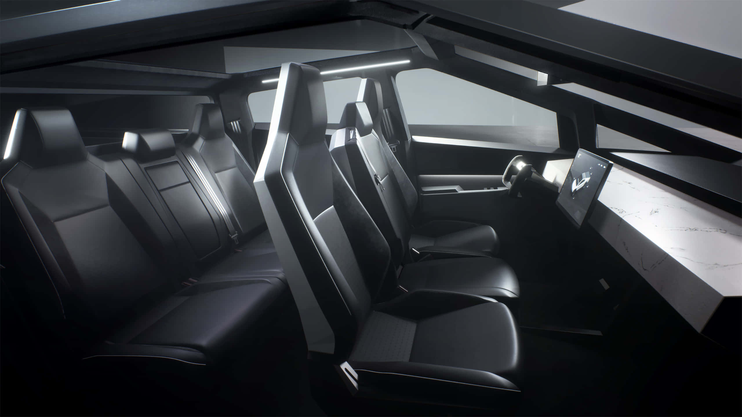 Tesla Cybertruck, futuristic black leather car interior, angular seats, 2K Desktop Wallpaper