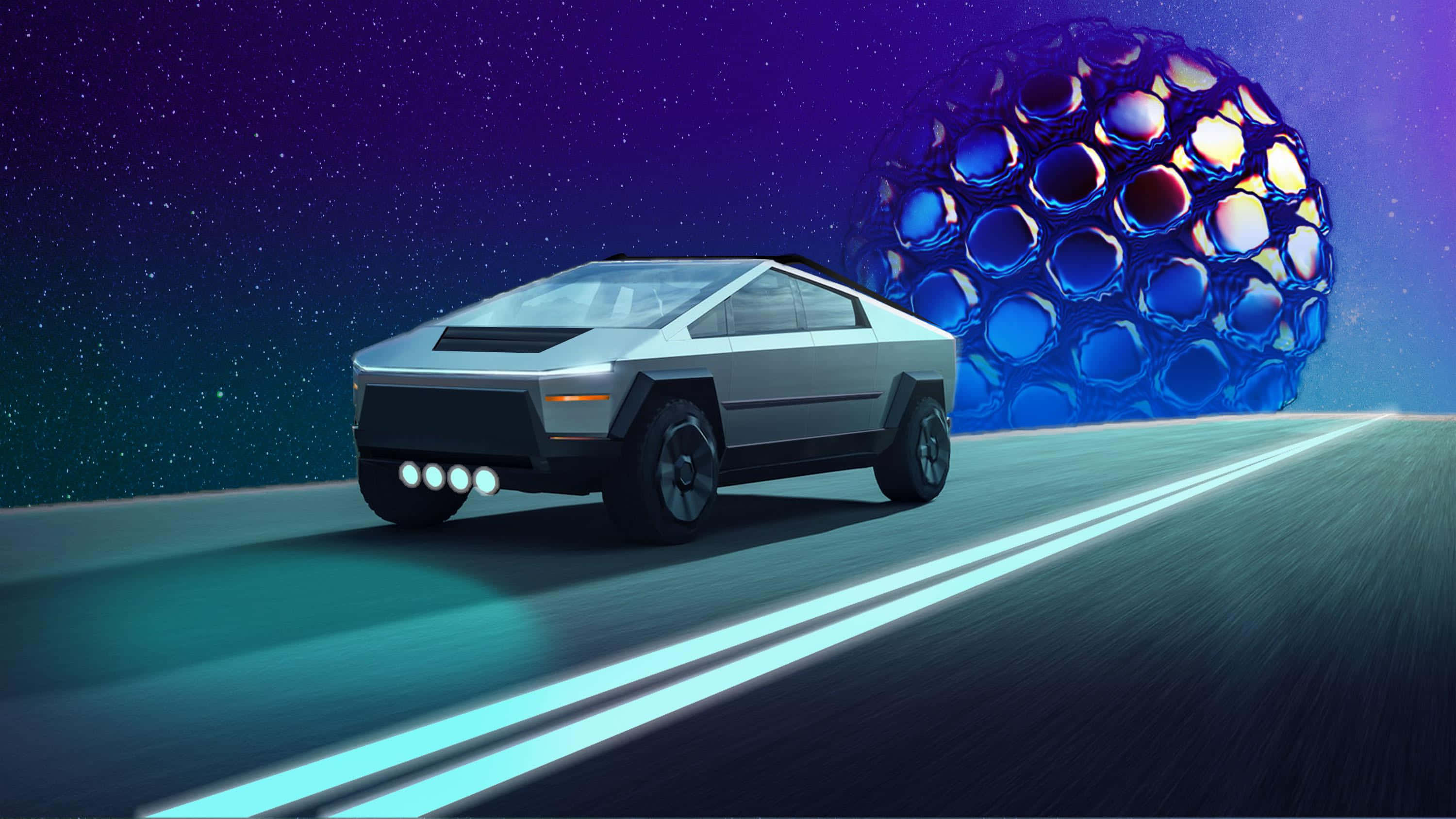 Tesla Cybertruck, silver, glowing road, 2K Desktop Wallpaper