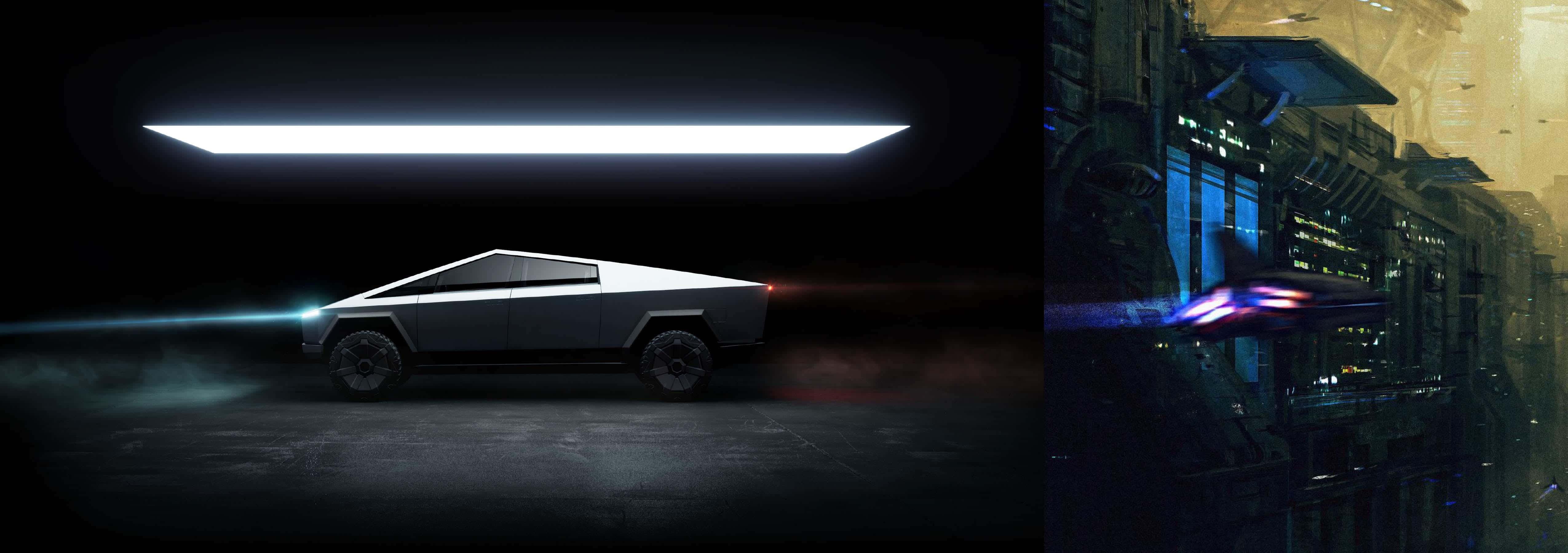 Tesla Cybertruck, silver, neon light beam, 4K Desktop Wallpaper