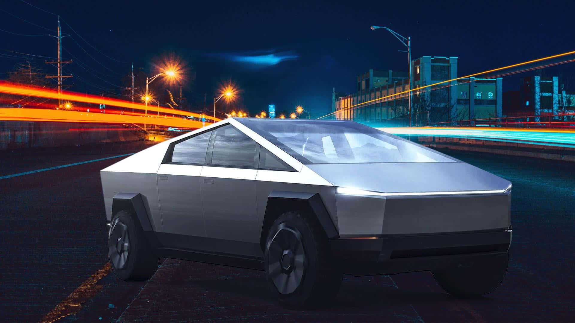 Tesla Cybertruck, silver, neon-lit city street, Full HD Desktop Wallpaper