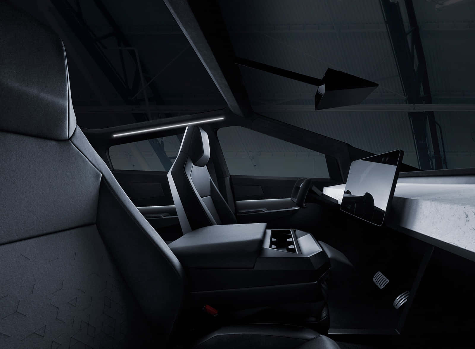 Tesla Cybertruck, angular black seats, minimalist digital dashboard, HD Desktop Wallpaper