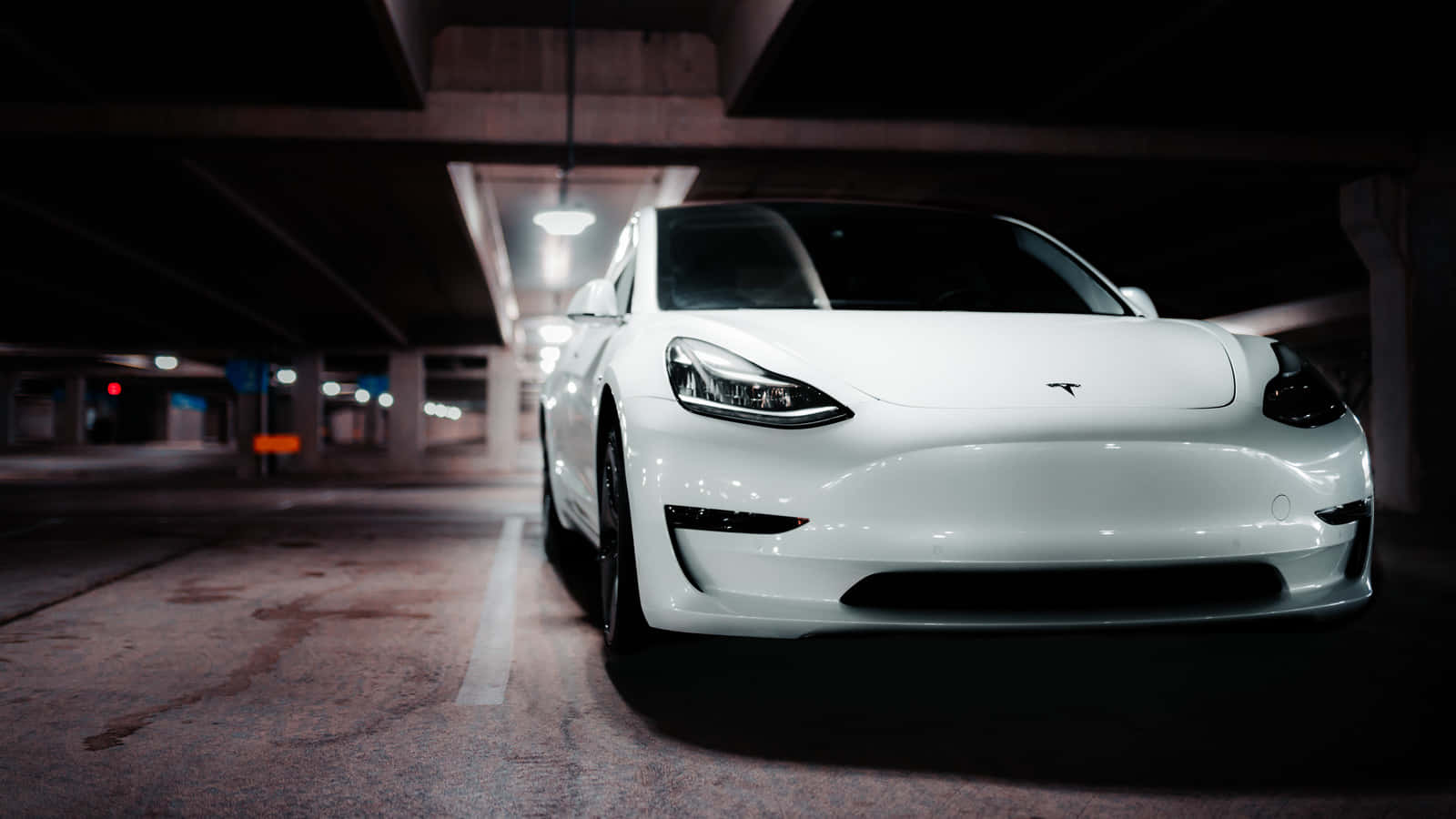 Tesla Model 3, white, underground parking garage, HD Desktop Wallpaper