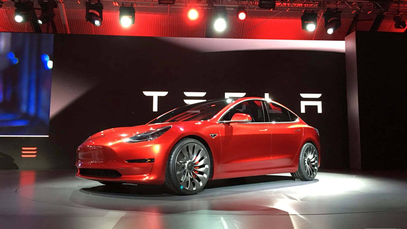 Tesla Model 3, glossy red, streetlight, HD Desktop Wallpaper