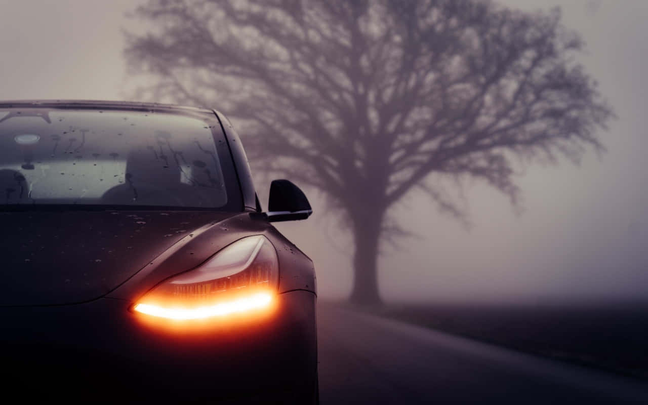 Tesla Model 3, black, glowing amber headlights, HD Desktop Wallpaper