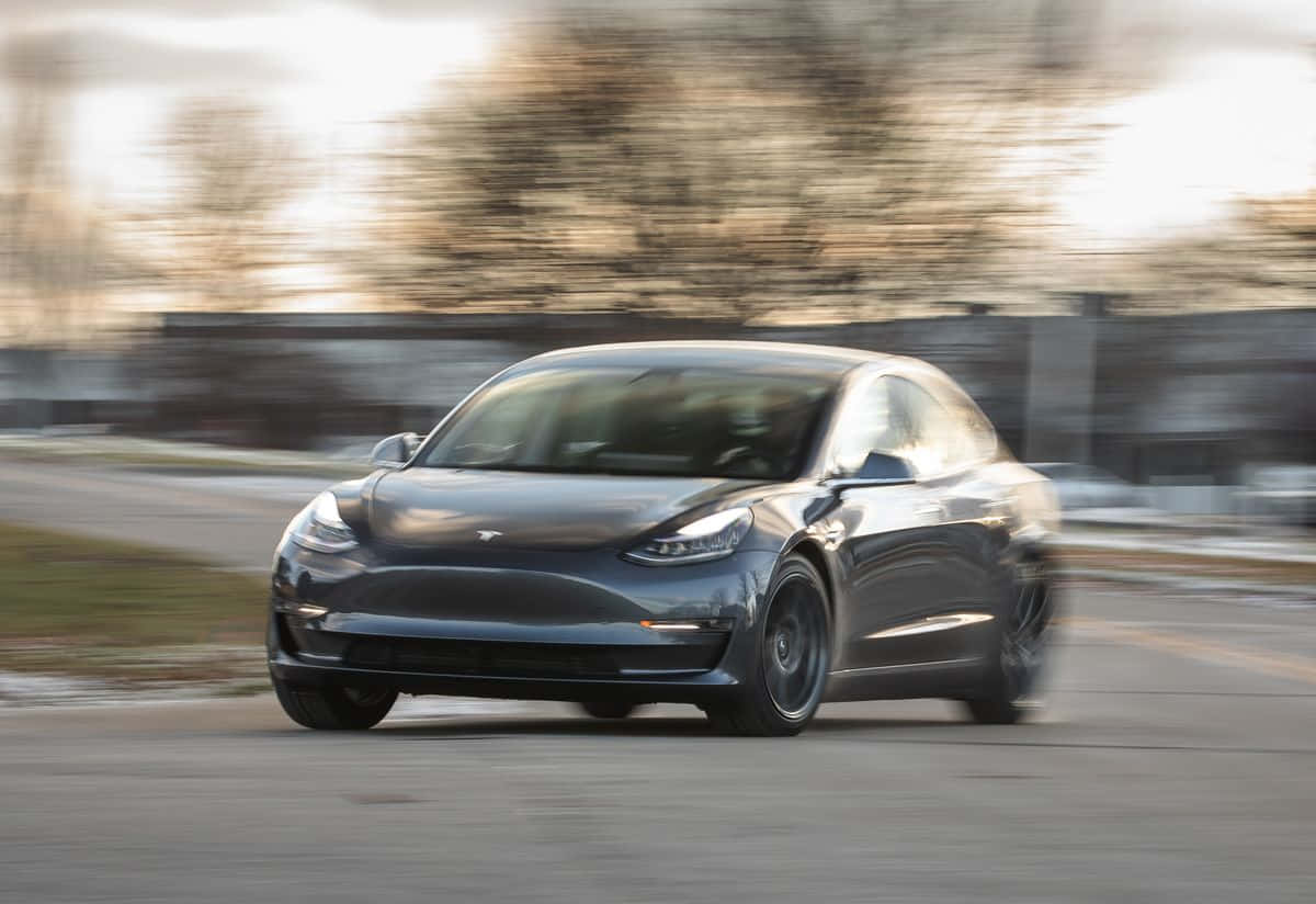 Tesla Model 3, dark gray, autumn trees, SD Desktop Wallpaper