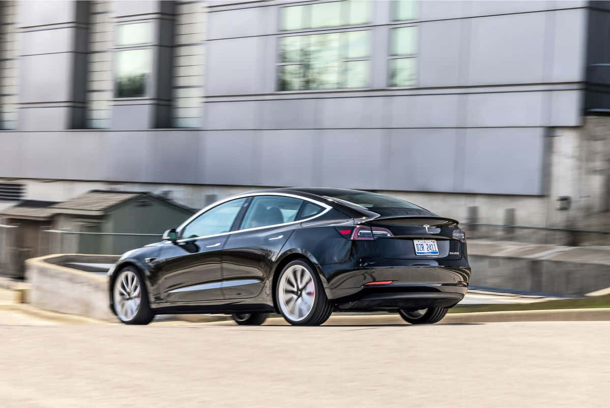 Tesla Model 3, black, modern glass building, SD Desktop Wallpaper