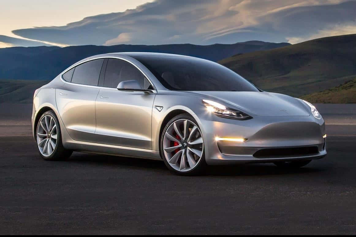 Tesla Model 3, silver, night cityscape, SD Desktop Wallpaper