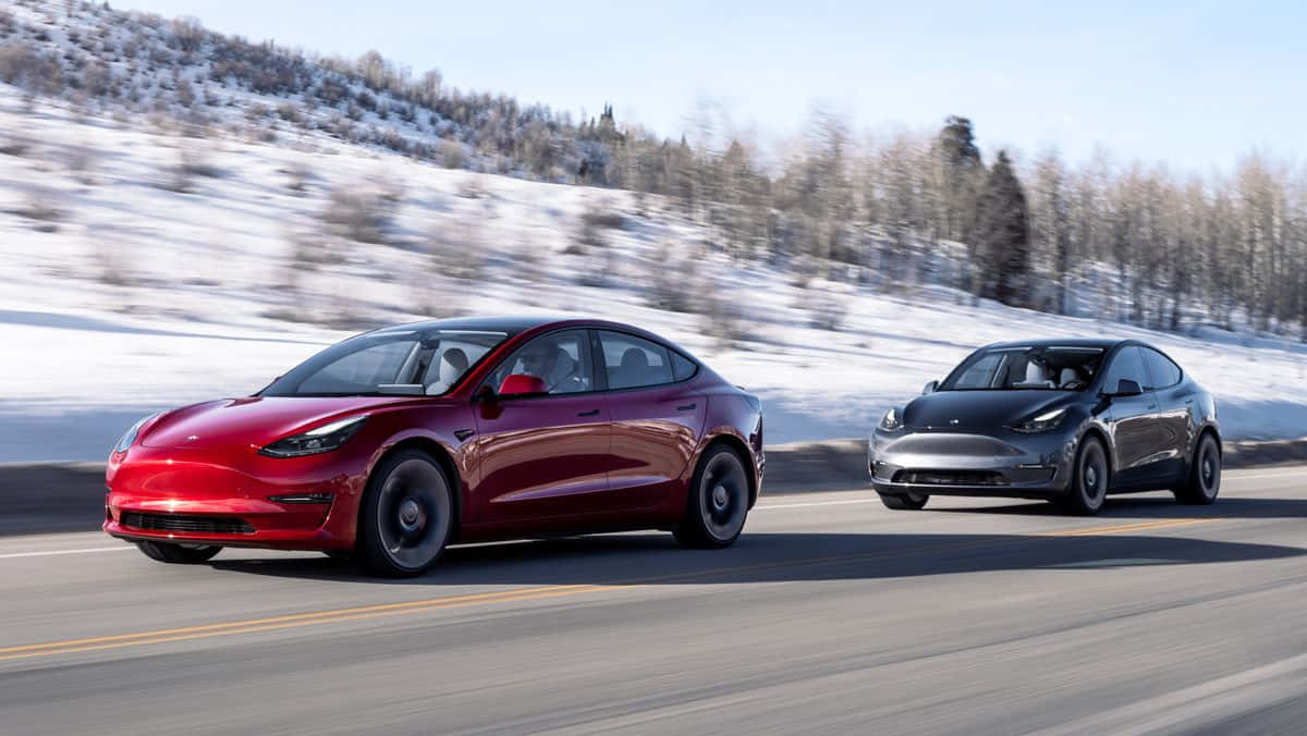Tesla Model 3, red, gray, SD Desktop Wallpaper
