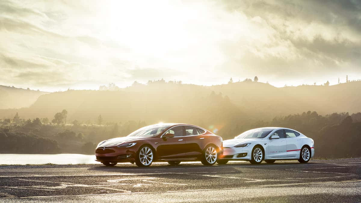 Tesla Model 3, wet road, golden hour, SD Desktop Wallpaper