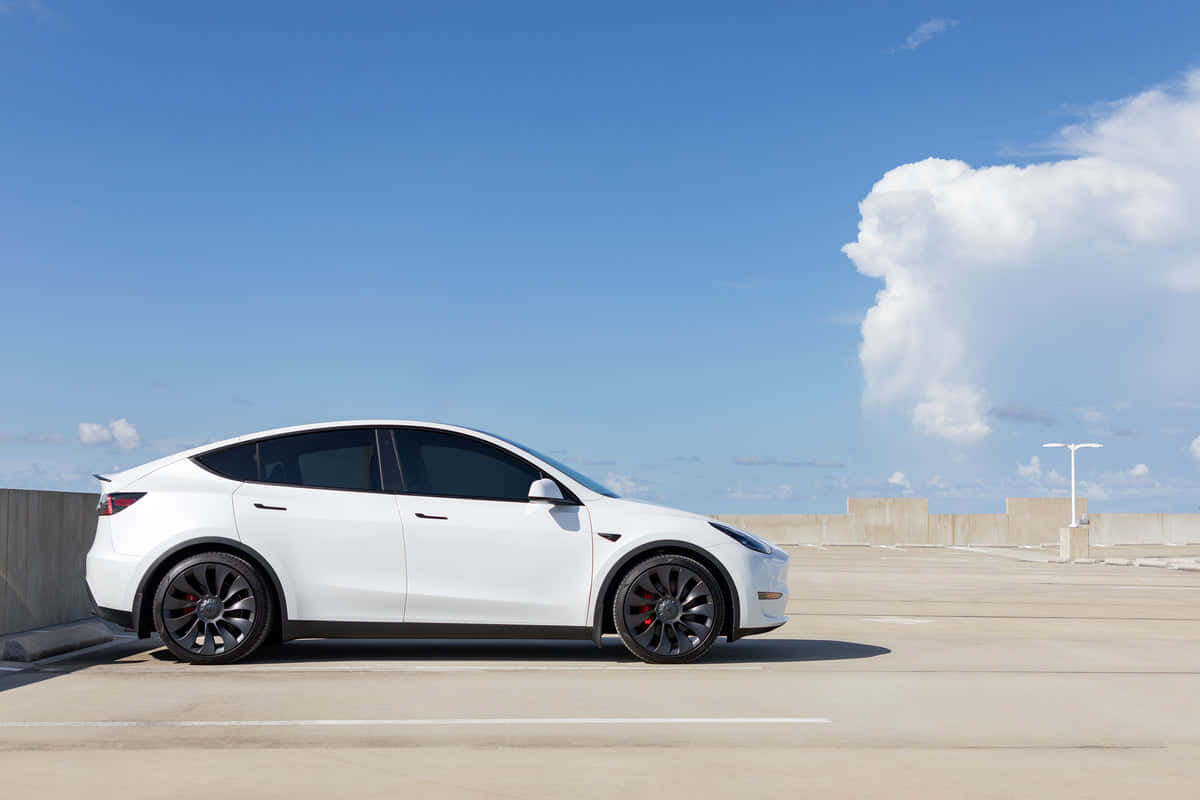 Tesla Model Y, white, sunlit concrete rooftop, SD Desktop Wallpaper
