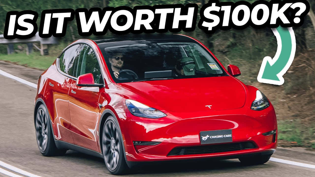 Tesla Model Y, vibrant red, winding road, HD Desktop Wallpaper
