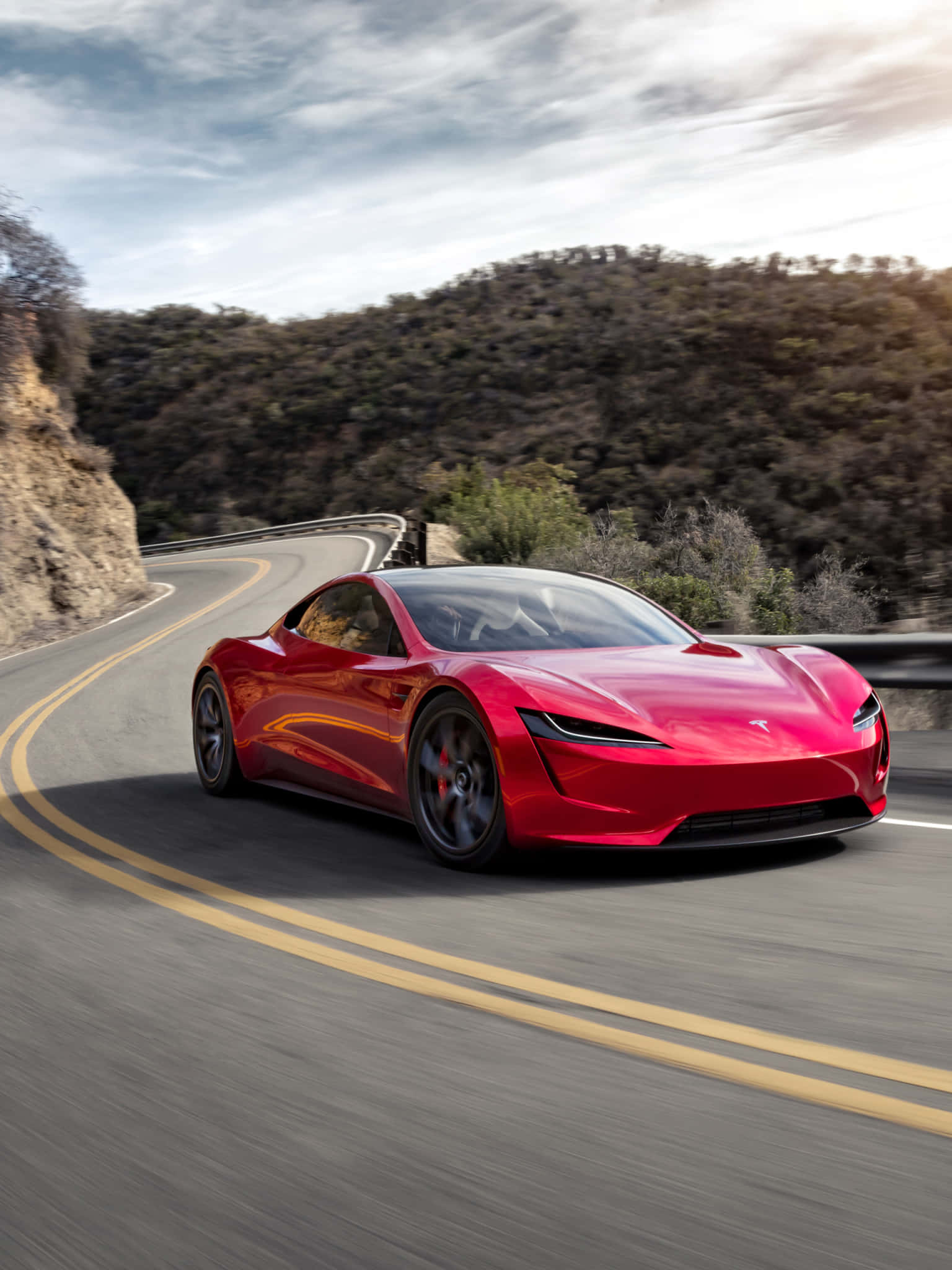 Tesla Roadster, red, mountain road, Full HD Phone Wallpaper