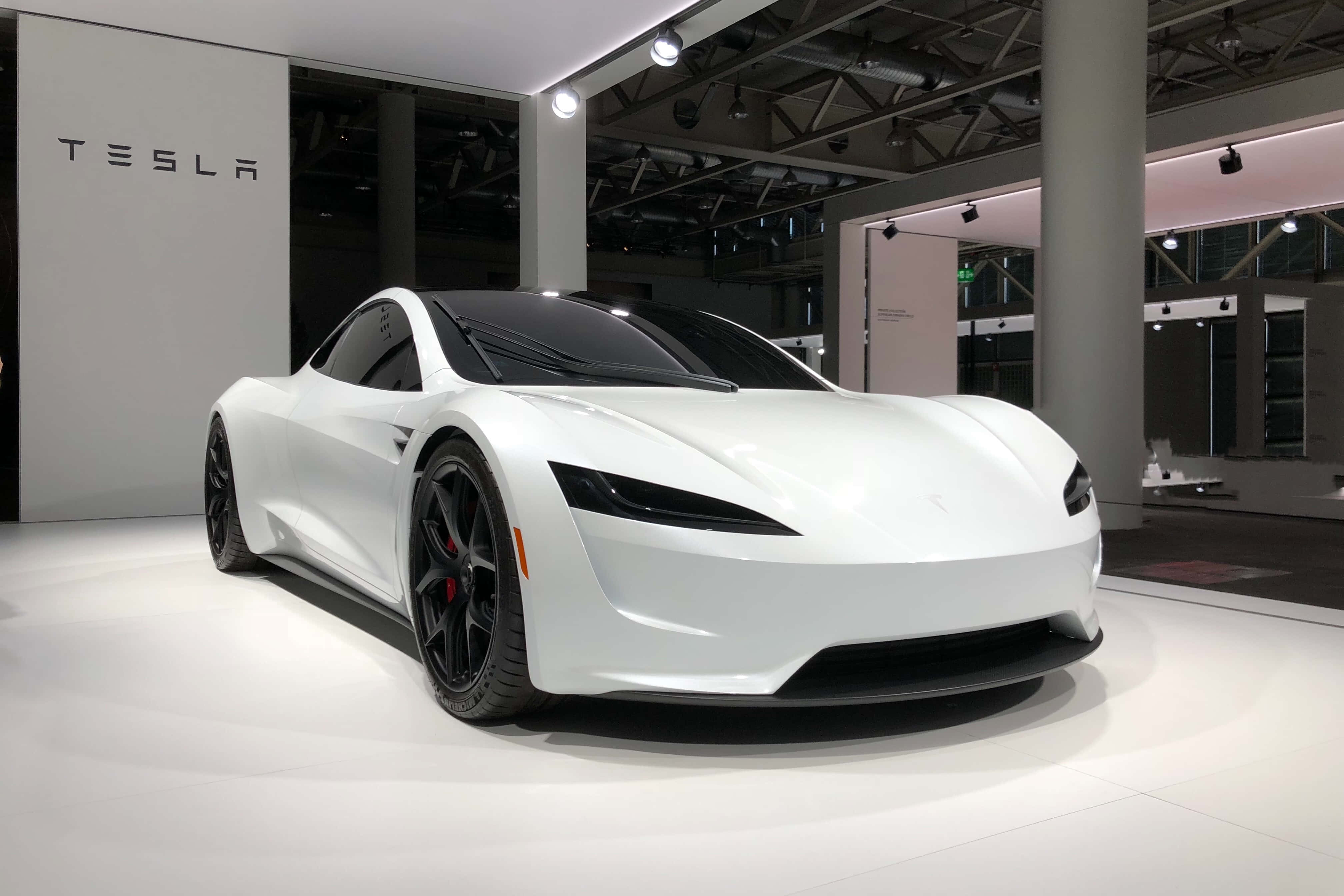 Tesla Roadster, sleek white, modern auto show, 4K Desktop Wallpaper