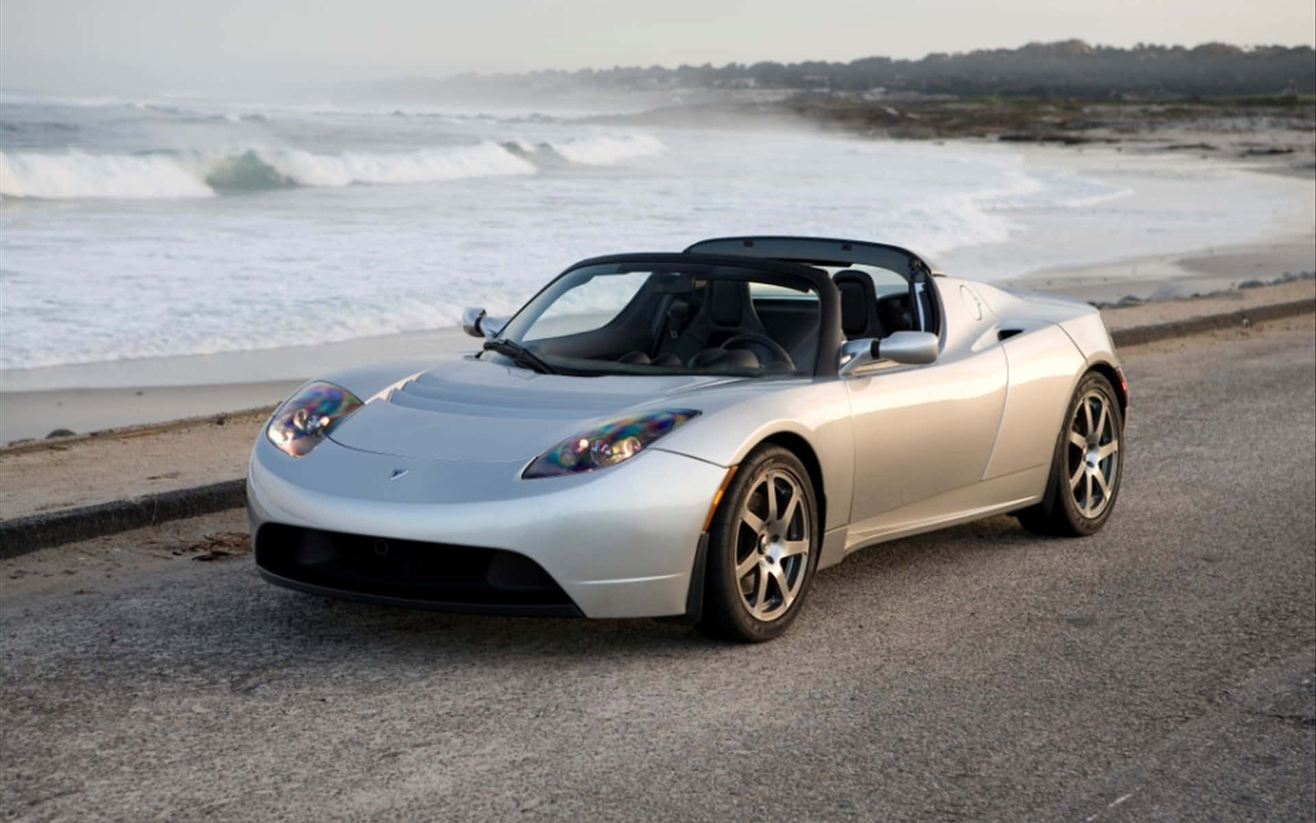 Tesla Roadster, silver, coastal road, Full HD Desktop Wallpaper