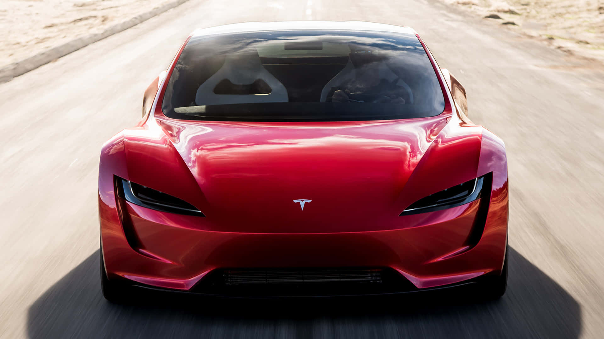 Tesla Roadster, glossy red, desert road, Full HD Desktop Wallpaper